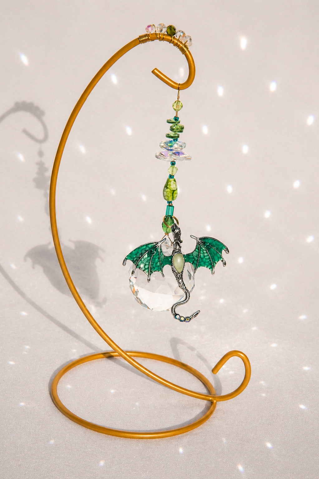 Emerald Green Glow-in-the-Dark Dragon Desktop Suncatcher – Handmade Crystal Rainbow Maker