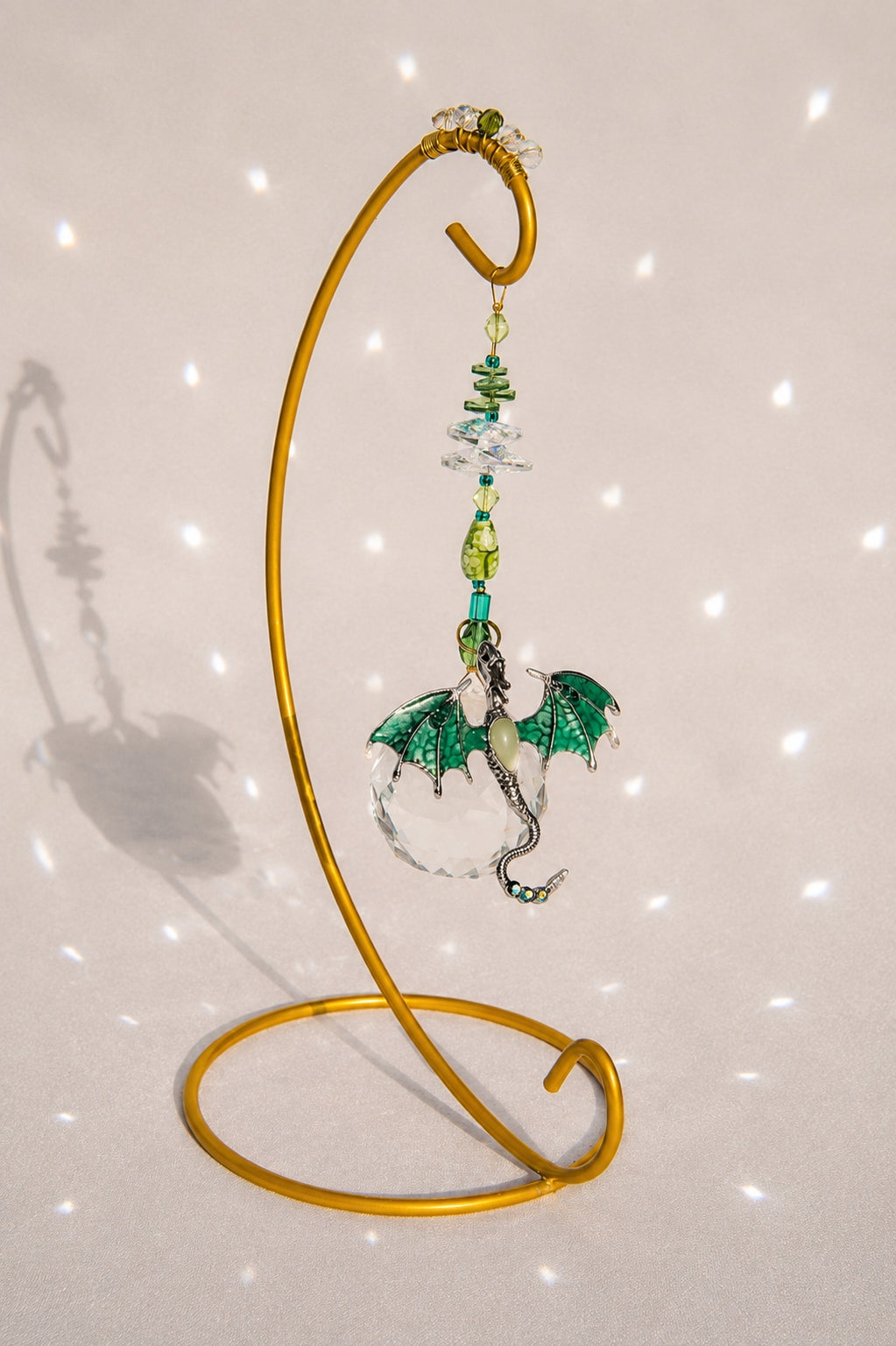 Emerald Green Glow-in-the-Dark Dragon Desktop Suncatcher – Handmade Crystal Rainbow Maker