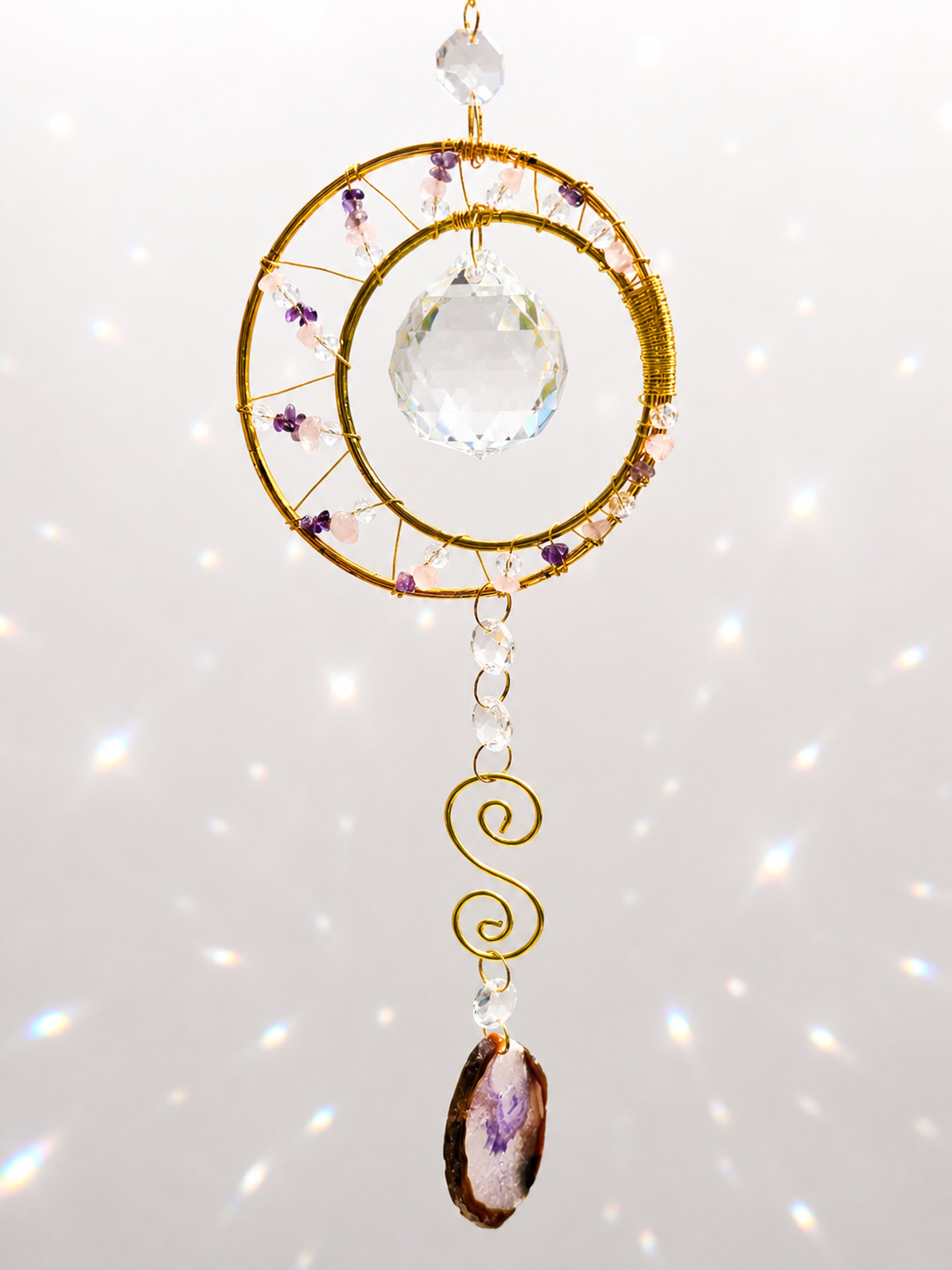 Lunar Love – Crescent Moon Crystal Suncatcher with Amethyst & Rose Quartz