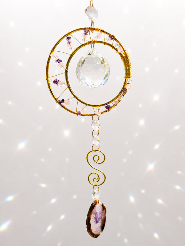 Lunar Love – Crescent Moon Crystal Suncatcher with Amethyst & Rose Quartz