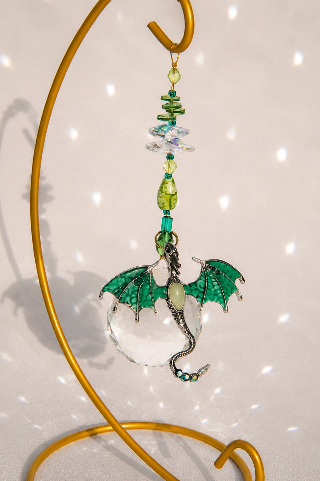 Emerald Green Glow-in-the-Dark Dragon Desktop Suncatcher – Handmade Crystal Rainbow Maker
